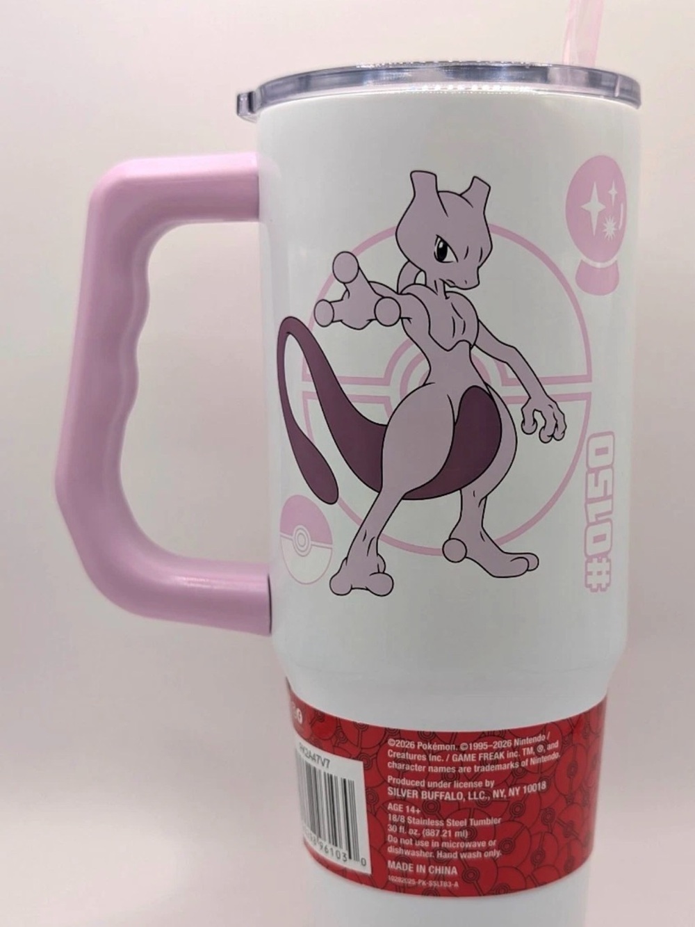Pokemon Pink and White Mewtwo Travel Tumbler